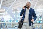 African businessman, phone call and airport with excited smile, luggage and conversation for planning travel. Corporate black man, smartphone and happy for business trip, immigration and networking
