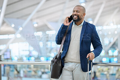Buy stock photo African businessman, phone call and airport with excited smile, luggage and conversation for planning travel. Corporate black man, smartphone and happy for business trip, immigration and networking
