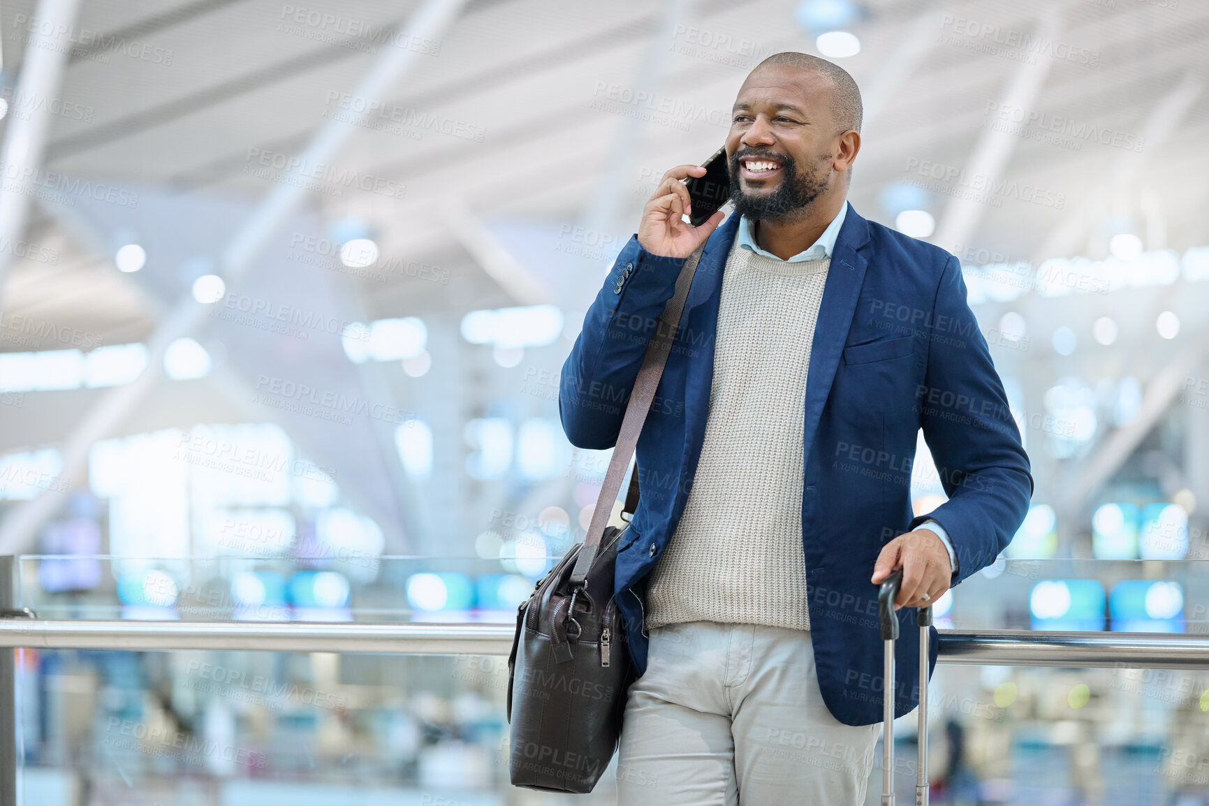 Buy stock photo African businessman, phone call and airport with excited smile, luggage and conversation for planning travel. Corporate black man, smartphone and happy for business trip, immigration and networking