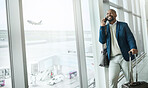 Businessman, phone call and luggage waiting at airport for travel, work trip or plain journey to country. Happy black man, employee or person with smile for communication before flight on smartphone