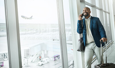 Buy stock photo Businessman, phone call and luggage waiting at airport for travel, work trip or plain journey to country. Happy black man, employee or person with smile for communication before flight on smartphone