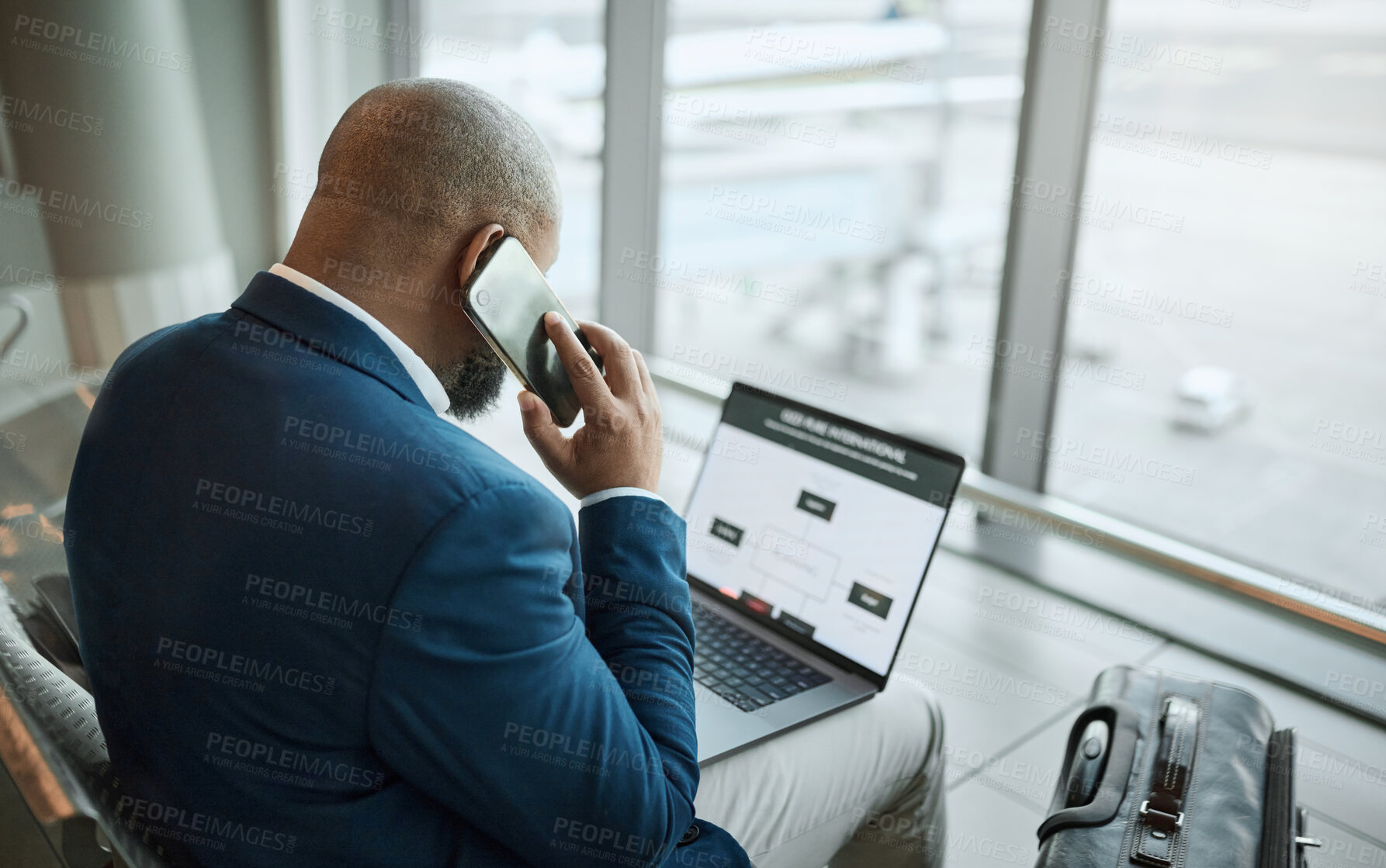 Buy stock photo Travel, phone call and businessman at an airport working on a laptop and waiting at terminal or boarding lounge. Entrepreneur, corporate or employee using computer at airline using his cellphone