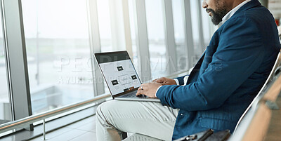 Buy stock photo Travel, businessman and at an airport working on a laptop and waiting at terminal or boarding lounge. Entrepreneur, corporate or employee using computer at airline hub about to go on a flight