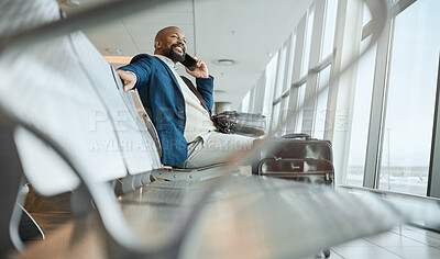 Buy stock photo African businessman, airport and phone call with excited smile, focus and networking on business trip. Corporate black man, smartphone conversation and global travel, immigration and air transport