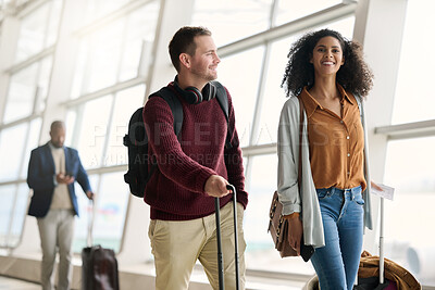 Buy stock photo Travel, airport and happy business people with luggage for a corporate work trip for a convention. Happy, smile and professional team of employees with suitcases traveling for their job together.