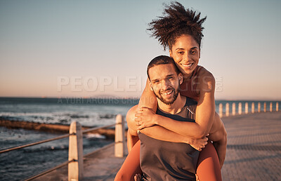 Buy stock photo Fitness, beach and portrait of couple piggyback enjoy holiday, vacation and quality time on weekend. Love, summer and black man and woman relax after running, exercise workout and training by ocean
