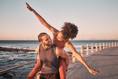 Buy stock photo Beach, happy and couple piggyback in summer enjoying holiday, vacation and quality time on weekend. Love, dating and black man and woman relax after running, fitness workout and training by ocean