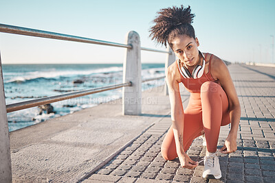 Buy stock photo Portrait, exercise and black woman tie shoes, promenade and fitness for energy, wellness and training. African American female, lady and runner tying sneakers, workout and ready for run and practice