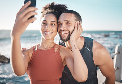 Buy stock photo Black couple, fitness and happy selfie on beach for social media, sports exercise and support motivation. Athlete woman, man and happiness together for smartphone photography by ocean sea outdoor