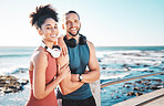 Portrait, fitness and mock up with a couple by the sea for a workout or running for cardio and endurance together. Exercuse, runner and mockup with a sports man and woman training by the ocean