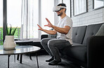 Virtual reality, futuristic technology and man on sofa with headset for interactive, online and 3d games ux. User interface, digital tech and male relax with vr for metaverse, cyberspace and gaming