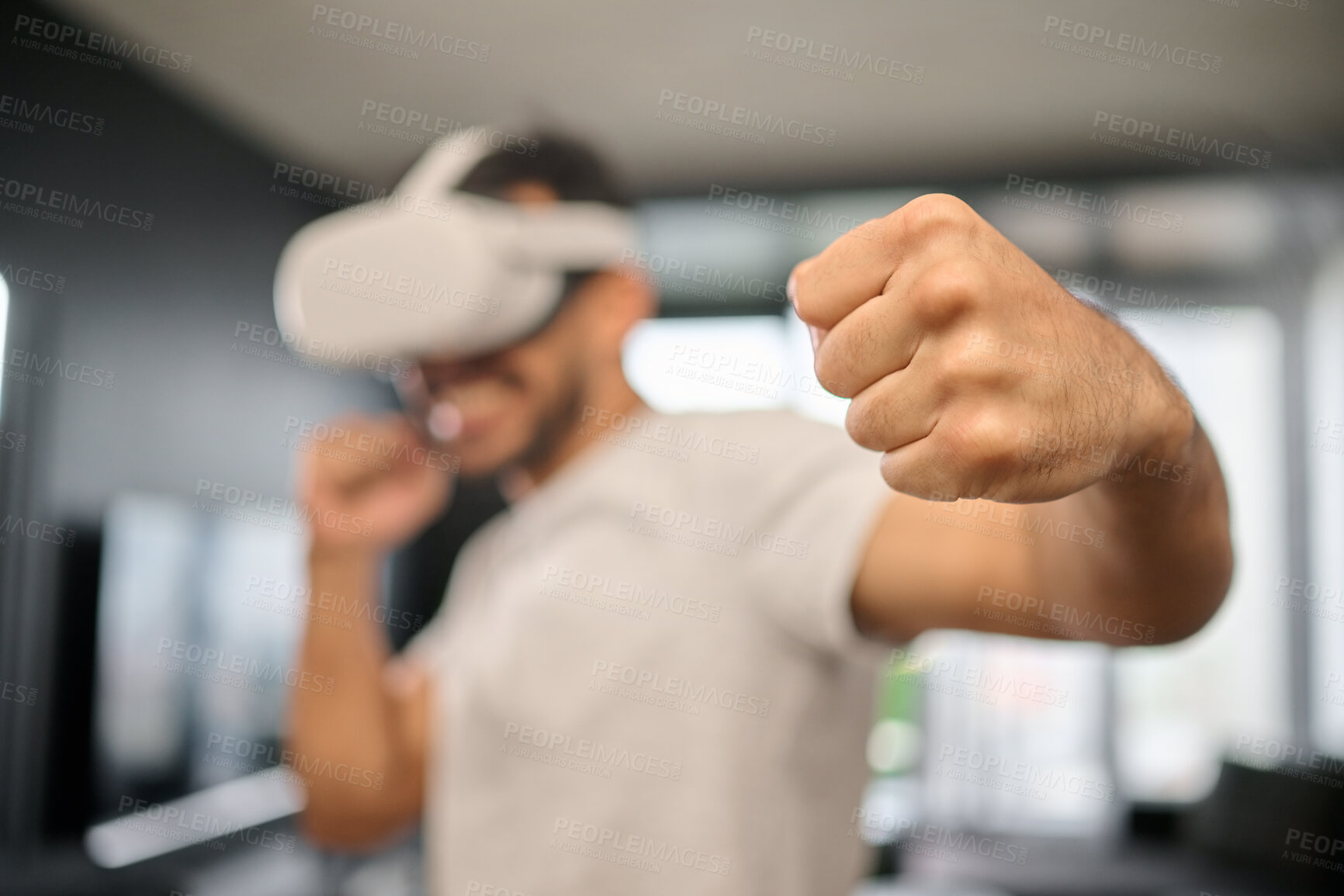 Buy stock photo VR, action and fist of a man boxing on a game, training for fight and match. Futuristic, digital sports and gamer punching while playing in an augmented reality with technology glasses in a house