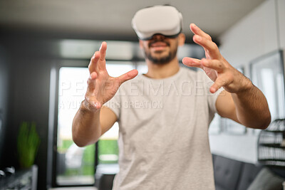 Buy stock photo Virtual reality glasses, technology and hands of man in home with headset for interactive, online and 3d games. Futuristic, user interface and male with vr for metaverse, cyberspace and gaming ux