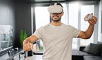Man, video gaming and virtual reality glasses for playing esports, controller and online game to relax. Vr, gamer or  male with hobby, digital design and innovation for fun, futuristic and technology