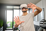 Technology, virtual reality and hands of man in home with headset for streaming interactive, online and 3d games. Futuristic, digital tech and guy with vr glasses for metaverse, cyberspace and gaming