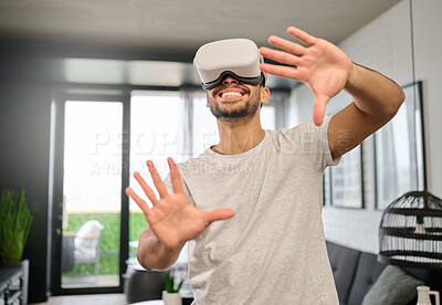 Buy stock photo Technology, virtual reality and hands of man in home with headset for streaming interactive, online and 3d games. Futuristic, digital tech and guy with vr glasses for metaverse, cyberspace and gaming