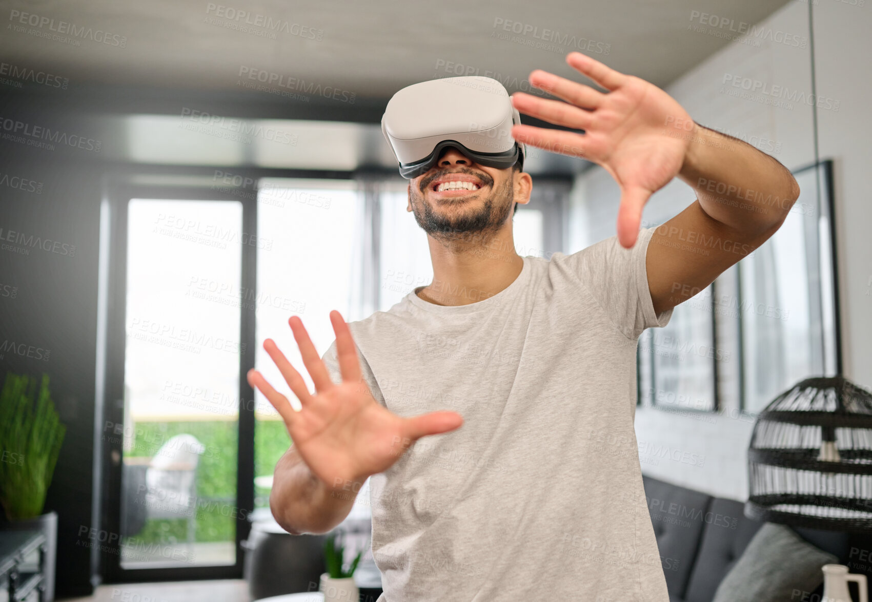 Buy stock photo Technology, virtual reality and hands of man in home with headset for streaming interactive, online and 3d games. Futuristic, digital tech and guy with vr glasses for metaverse, cyberspace and gaming