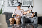 VR, gaming and metaverse with a couple playing video games in their home together for fun or enjoyment. Virtual reality, game and 3d ai with a man and woman gamer bonding in a house living room