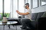 Virtual reality glasses, metaverse and man on sofa with headset for streaming interactive, online and 3d games. Futuristic tech, user interface and male with vr for digital ux, cyberspace and gaming