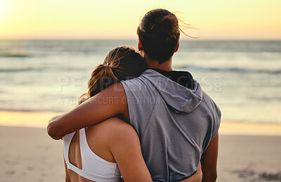 Buy stock photo Hug, fitness and back of couple at the beach for sunset training, exercise and workout with a view. Peace, gratitude and runner man and woman hugging with affection after cardio at the ocean