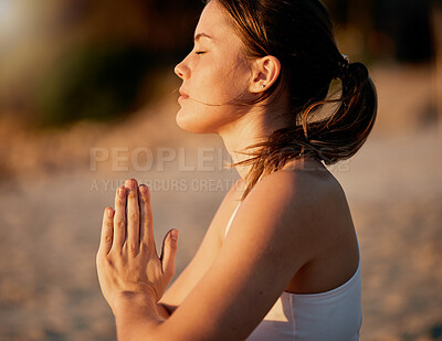 Buy stock photo Yoga meditation, prayer hands and profile of woman outdoors for health and wellness. Zen chakra, pilates fitness and female yogi with namaste hand pose for praying, training and mindfulness exercise.