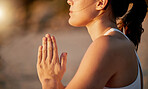Prayer hands, yoga meditation and profile of woman outdoors for health and wellness. Zen chakra, pilates fitness and female yogi with namaste hand pose for praying, training and mindfulness exercise.