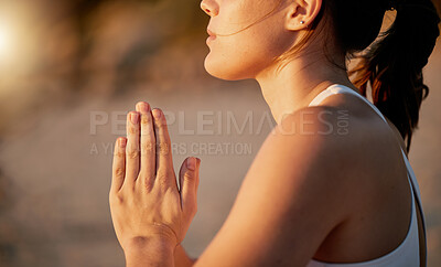 Buy stock photo Prayer hands, yoga meditation and profile of woman outdoors for health and wellness. Zen chakra, pilates fitness and female yogi with namaste hand pose for praying, training and mindfulness exercise.