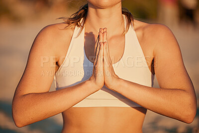Buy stock photo Yoga meditation, namaste hands and woman outdoors for health and wellness. Zen chakra, pilates fitness and female yogi with prayer hand pose for praying, exercise or  mindfulness training and peace.