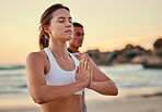Zen, woman and on beach for meditation, exercise and peace for balance, workout and healthy lifestyle. Female, girl and yoga practice, seaside and hands together for calm, relax and fitness training