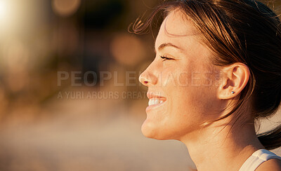Buy stock photo Happy, calm and face of a woman at the beach to relax, breathe and free the mind in Thailand. Freedom, smile and girl in nature for peace, content and stress relief with blurred mockup space