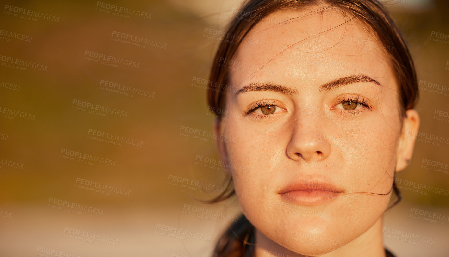 Buy stock photo Peace, zen and portrait of a calm woman at the beach with freedom, relax and stress relief in Bali. Wellness, young and face of a beautiful girl at the ocean for outdoor relaxation with mockup space