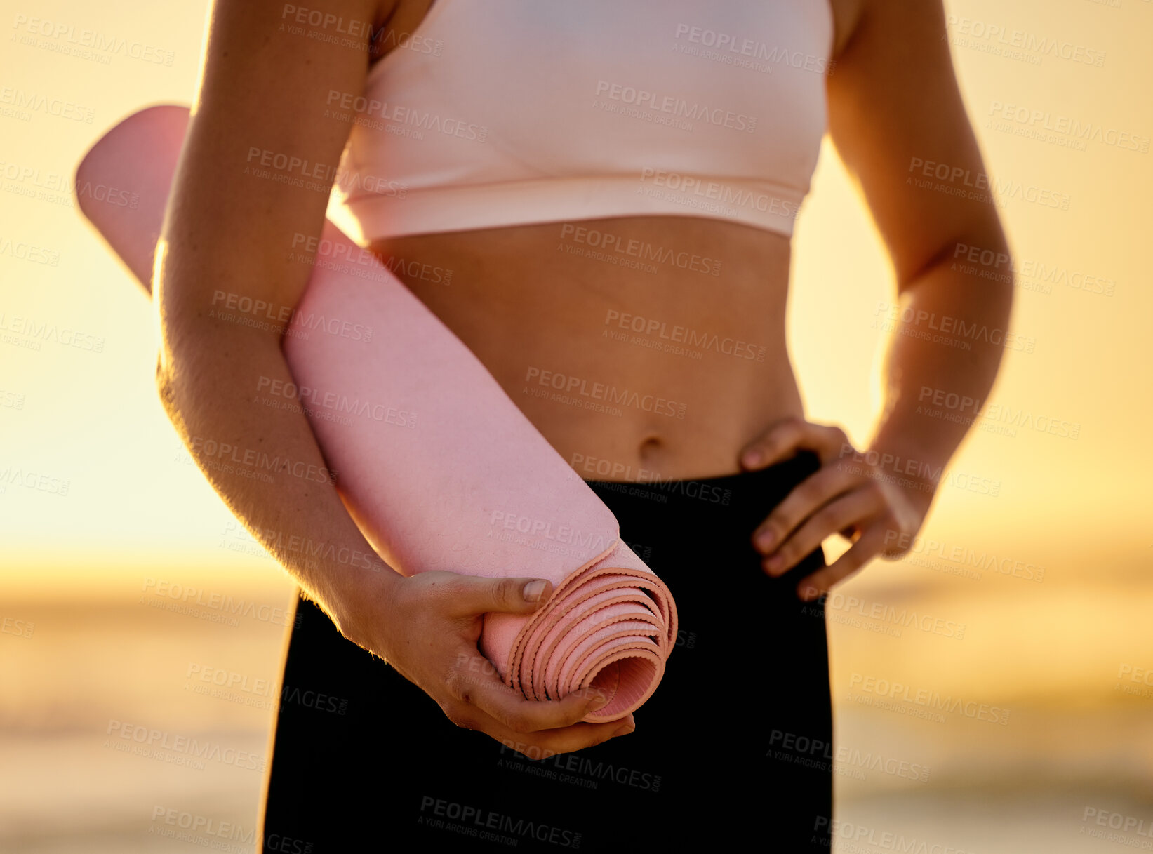 Buy stock photo Yoga mat, closeup and woman at a beach for meditation, zen and relax for wellness, exercise and health. Fitness, zoom and girl at the sea for yoga or pilates, breathing and calm before ocean workout