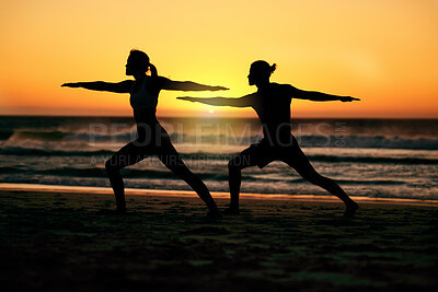 Buy stock photo Couple, silhouette and beach yoga at sunset for health, fitness and wellness. Warrior pose, zen chakra and man and woman stretching, training and practicing pilates for balance outdoors at seashore.