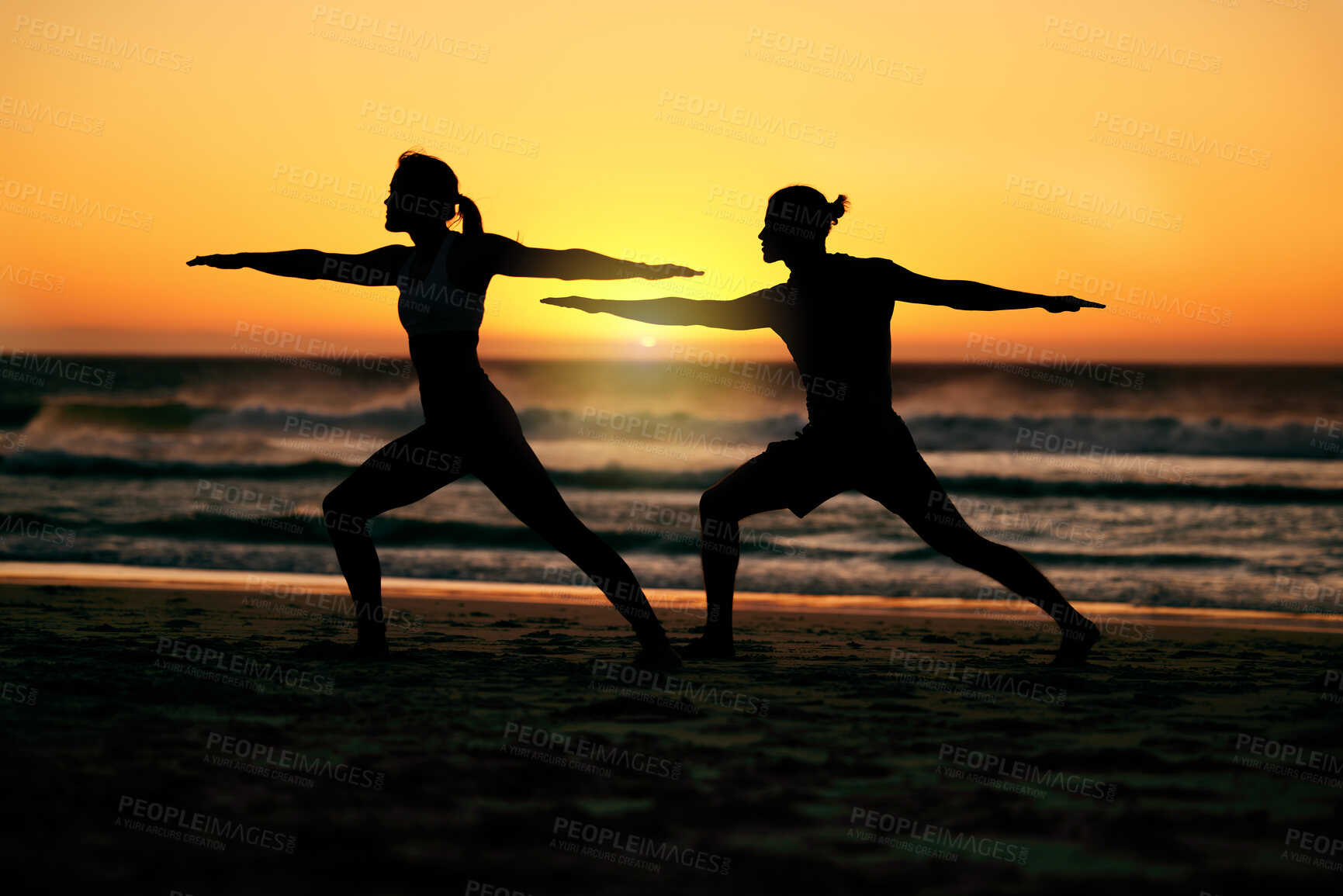 Buy stock photo Couple, silhouette and beach yoga at sunset for health, fitness and wellness. Warrior pose, zen chakra and man and woman stretching, training and practicing pilates for balance outdoors at seashore.