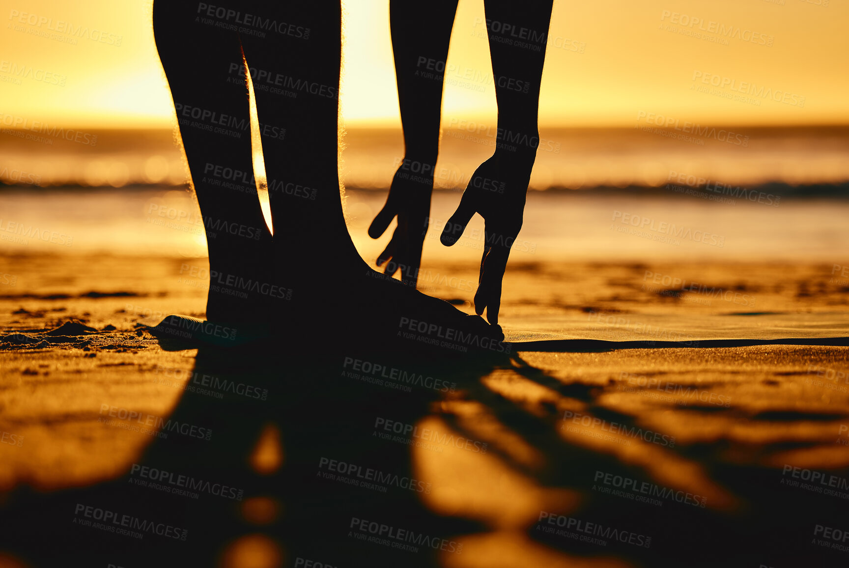 Buy stock photo Silhouette, sunset and yoga with fitness, stretching at the beach and body training, zen with nature. Person legs, hands and mockup, ocean with wellness and pilates,  exercise and health with peace