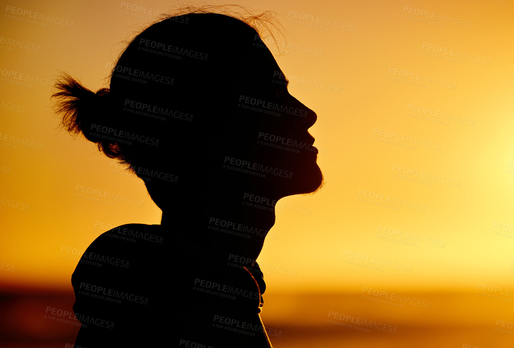 Buy stock photo Man silhouette, sunset and peace with meditation, orange sky mockup and zen outdoor, nature and face profile. Wellness, mindset and calm, freedom and thinking with natural light and mindfulness