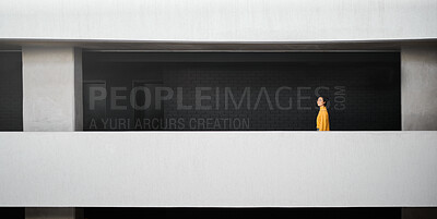 Buy stock photo Thinking, inspiration and woman in a work building for a goal, motivation and idea for an agency. Calm, success and Asian employee with a vision for an architecture company walking in a corridor