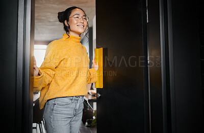 Buy stock photo Entrance, creative and Asian woman opening a door to an office at a graphic design startup company. Vision, happy and Japanese designer at a workspace with an idea, motivation and inspiration