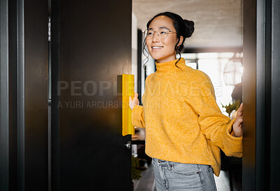 Buy stock photo Thinking, smile and Asian woman opening a door to an office at a graphic design startup company. Vision, happy and Japanese designer at the entrance of a workspace with an idea and motivation