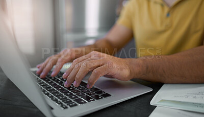 Buy stock photo Hands, laptop and keyboard with man typing, working and copywriter writing article, internet research and closeup. Copywriting, creative and SEO, digital marketing worker with pc and wifi connection