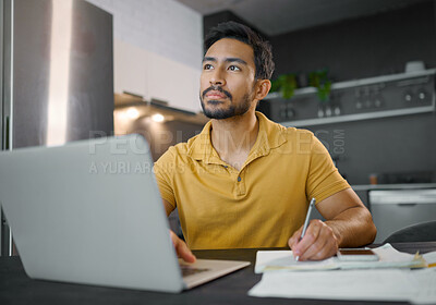 Buy stock photo Laptop, writing and thinking with a freelance man doing remote work from home on research in his small business startup. House, computer and notes with a male entrepreneur working in his house