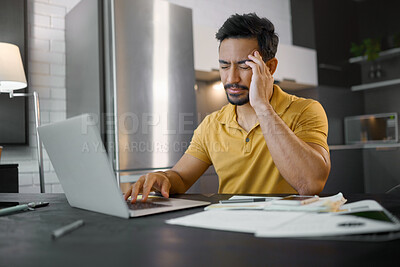 Buy stock photo Laptop, kitchen or businessman with stress headache over feedback review of social media, customer experience or ecommerce website. Documents, mental health or remote worker analysis of online survey
