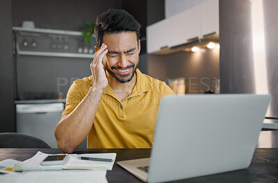 Buy stock photo Man with headache, laptop for remote work and pain from stress and burnout, frustrated with glitch and overworked. Health, tired and job fatigue, working from home with 404 on pc and wifi problem