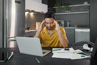 Buy stock photo Businessman, home office and headache by laptop in kitchen for seo data analysis, small business or goal. Digital entrepreneur, copywriting business owner and stress with anxiety for planning vision