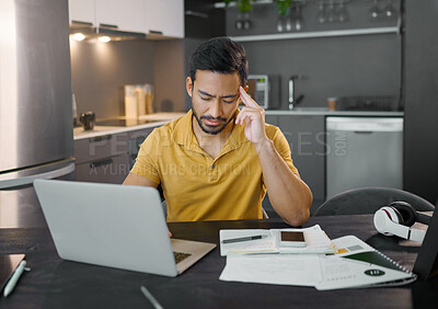 Buy stock photo Businessman, home office and headache by laptop in kitchen, seo data analytics or thinking of company strategy. Digital entrepreneur, copywriting work schedule or frustrated stress for planning goals