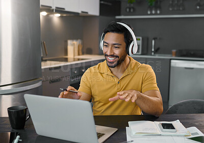 Buy stock photo Happy man, headphones and webinar or music on laptop in home office while talking online. Entrepreneur person at desk with virtual communication for freelance work with video conference for learning