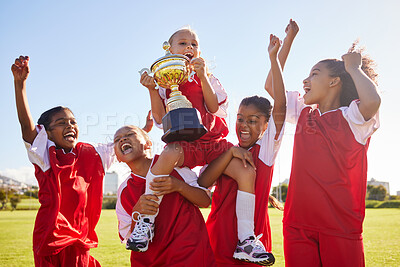 Buy stock photo Soccer, team and trophy with children in celebration together as a girl winner group for a sports competition. Football, teamwork and award with soccer player kids celebrating success in sport