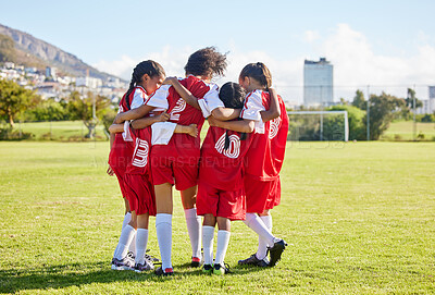 Buy stock photo Diversity, sports girl hug and soccer field training for youth competition match playing at stadium grass. Team, young athlete or player enjoy football teamwork or support world cup championship