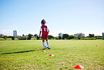 Soccer, mockup or sports and a girl team training with a ball together on a field for practice. Fitness, football and grass with kids running or dribbling on a pitch for competition or exercise