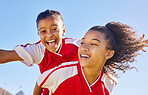 Sports soccer portrait, blue sky and happy kids excited for winning goal, competition success or fun challenge achievement. Winner, celebration and team friends, children or football player piggyback